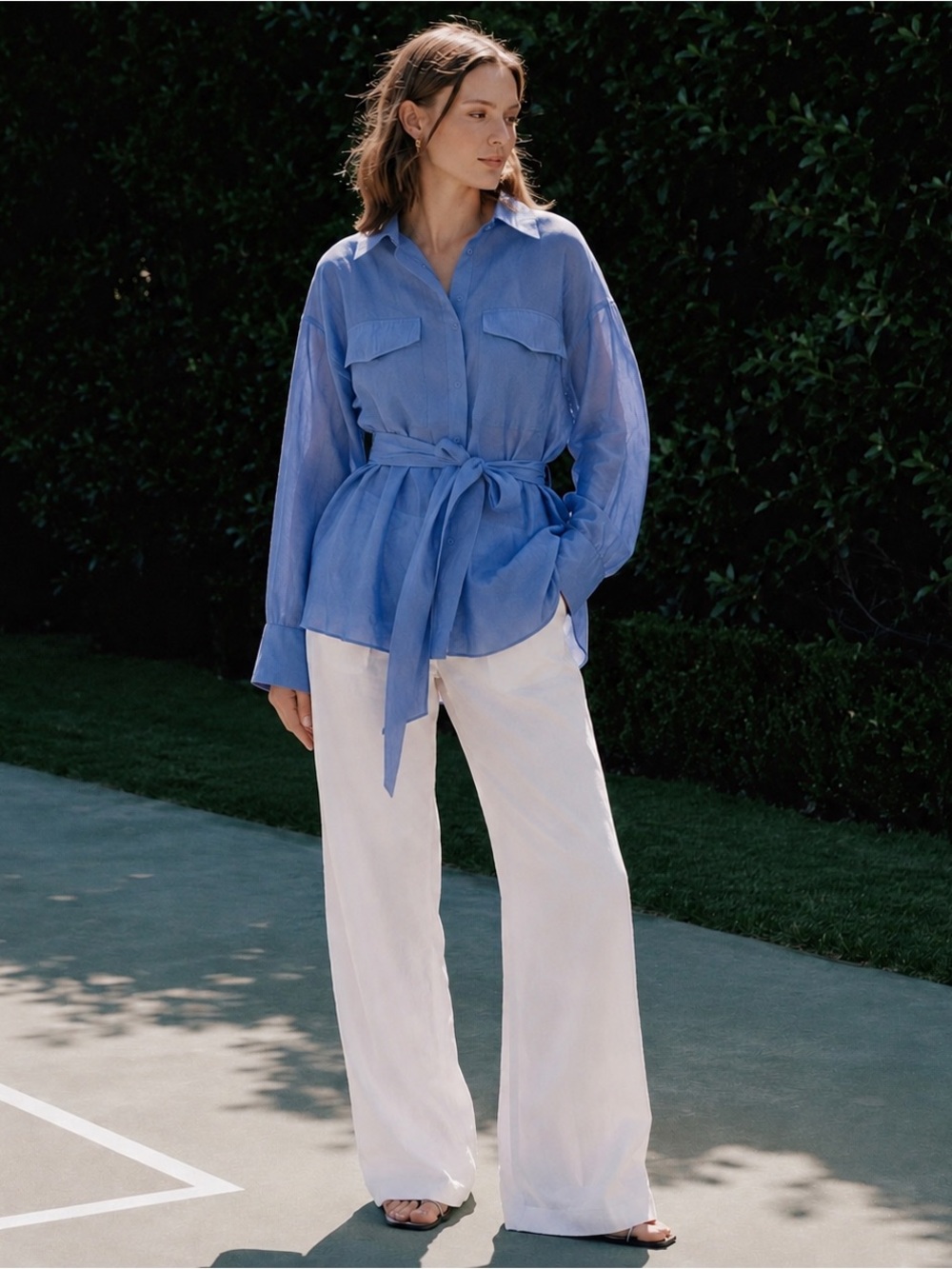 English factory periwinkle belted relaxed fit sheer button blouse S